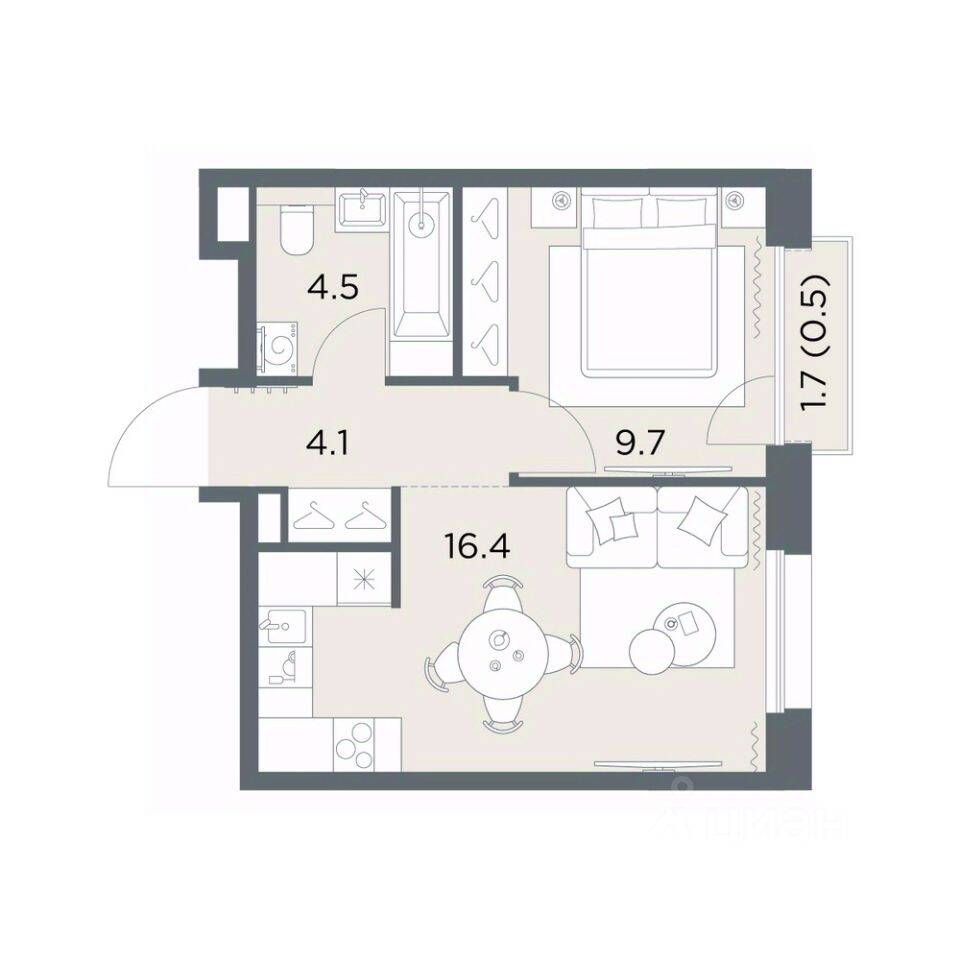 Планировка 1 комнатной квартиры, 35.2 м², в «Станиславский»