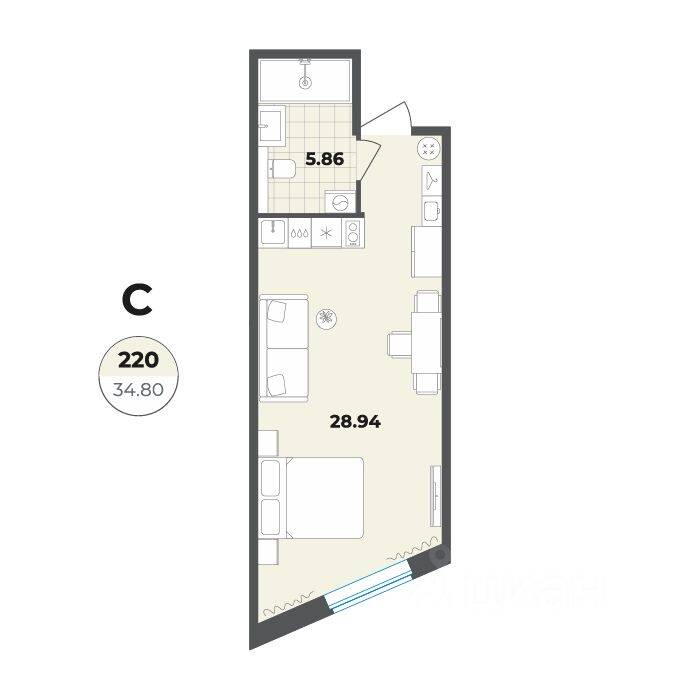 Квартира-студия, 34,8 м², в Апарт-комплекс Лиговский, 127