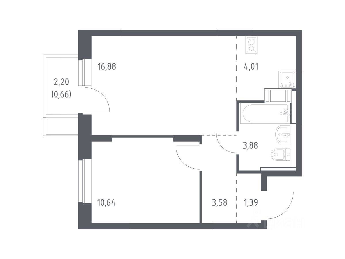 1-комн. квартира, 41,04 м², в ЖК Пятницкие Луга