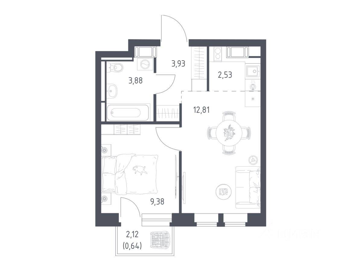 Планировка 1 комнатной квартиры, 33.17 м², в «Большое Путилково»