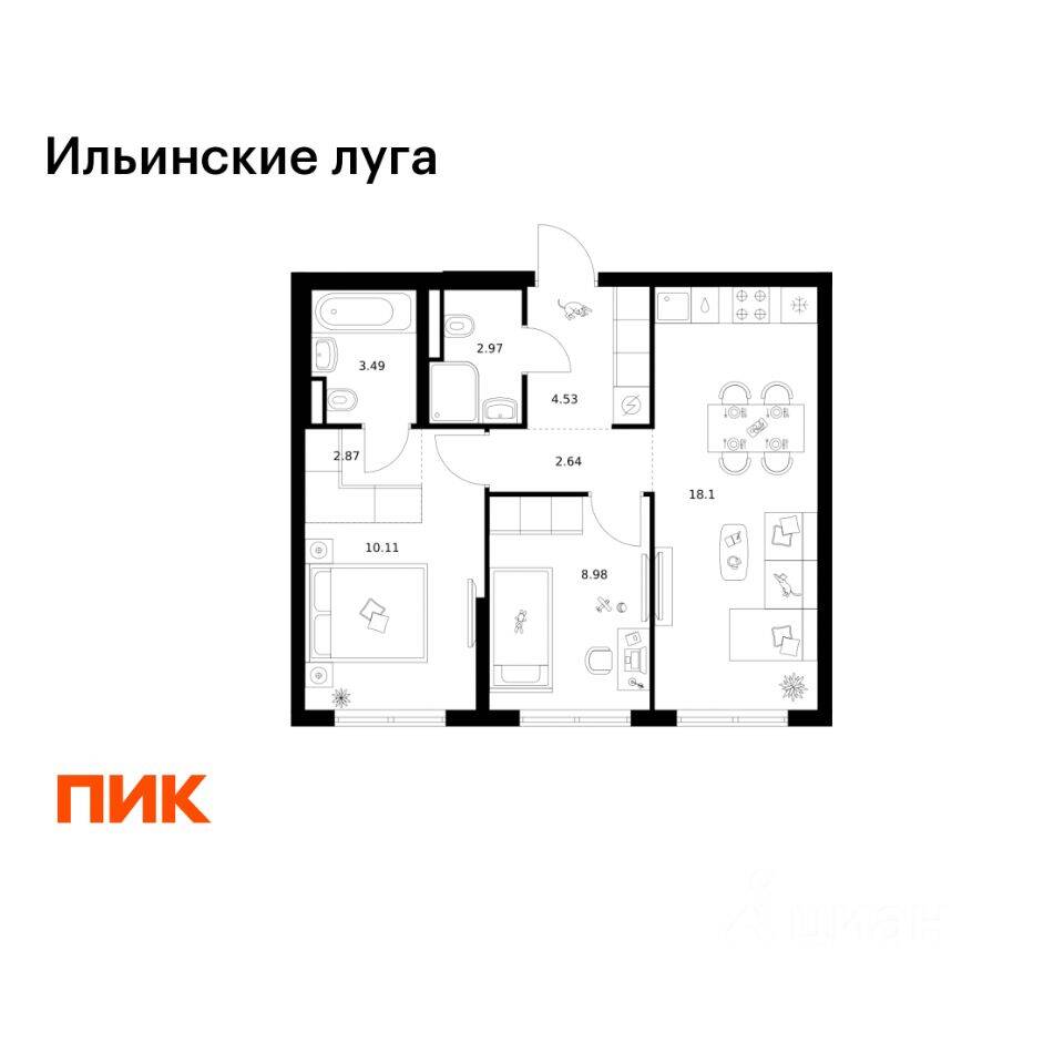 2-комн. квартира, 53,69 м², в ЖК «Ильинские луга»