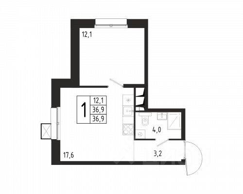 1-комн. квартира, 36,9 м², в ЖК «Берег»