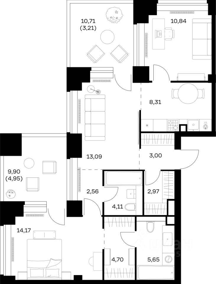 2-комн. квартира, 77,56 м², в ЖК Nova