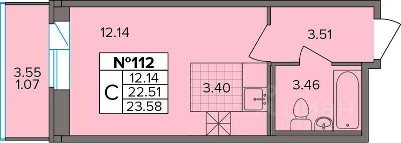 Планировка 1 комнатной квартиры, 23.58 м², в «Капральский»