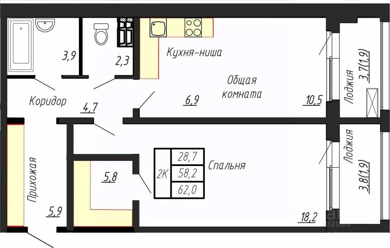 2-комн. квартира, 62 м², в ЖК Сибирь
