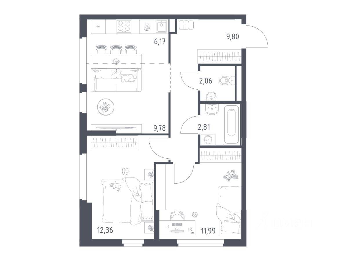 2-комн. квартира, 54,97 м², в ЖК «Остафьево»