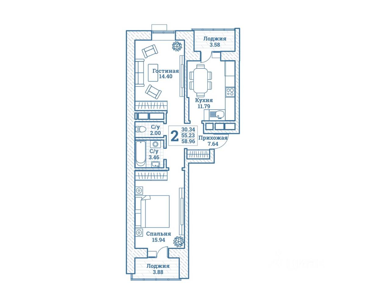 2-комн. квартира, 58,96 м², в ЖК Новоград Монино