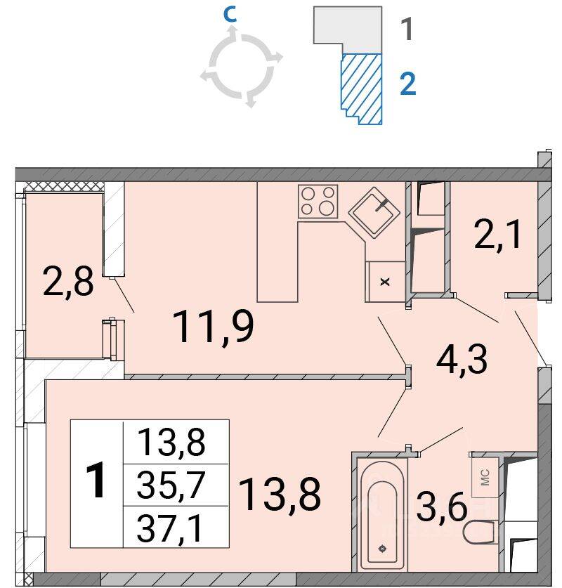 1-комн. квартира, 37 м², в ЖК «Центр-2»