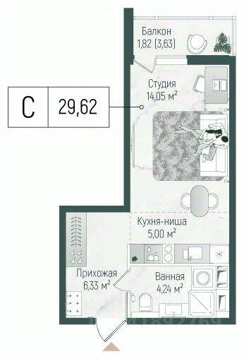 Квартира-студия, 31,44 м², в ЖК Riga Hills