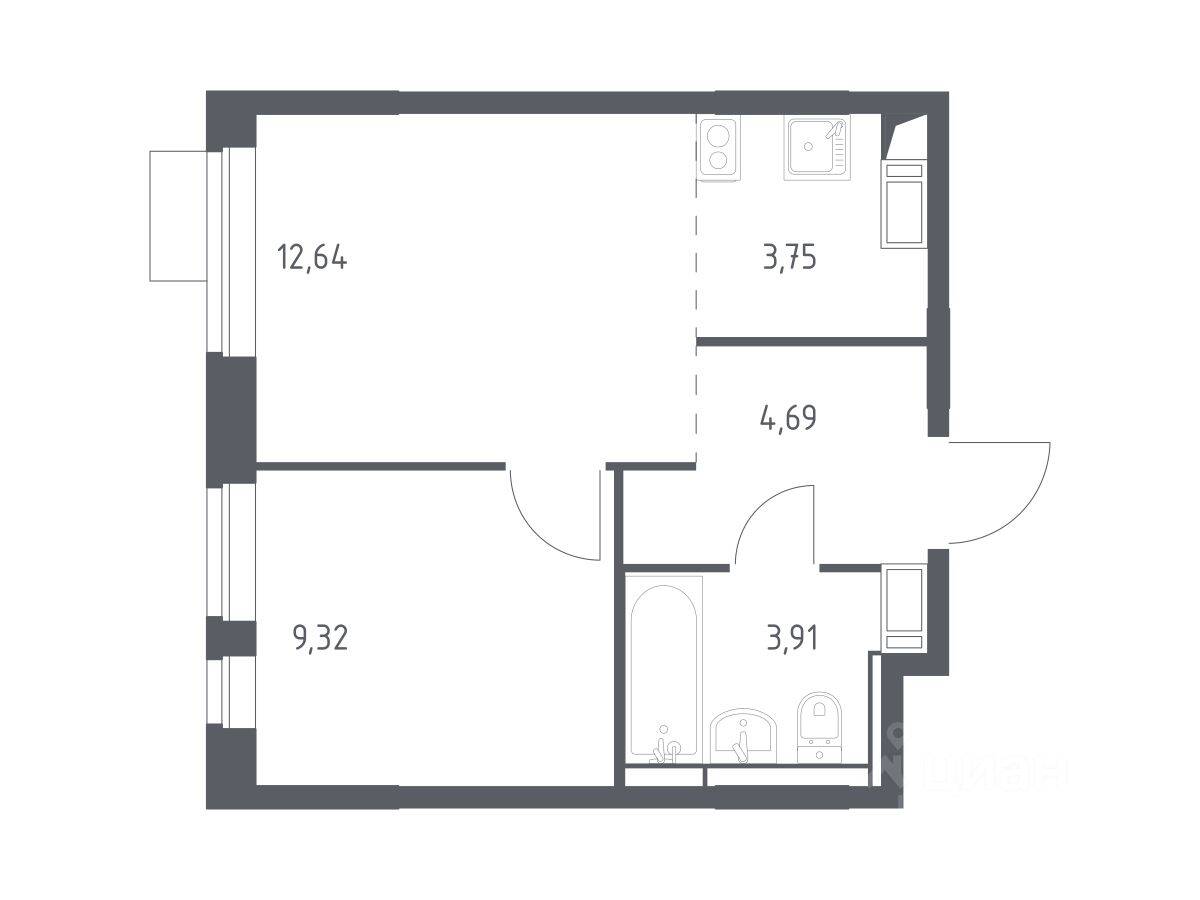 1-комн. квартира, 34,31 м², в ЖК Пятницкие Луга
