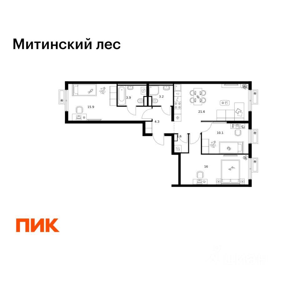 3-комн. квартира, 76,6 м², в ЖК Митинский лес