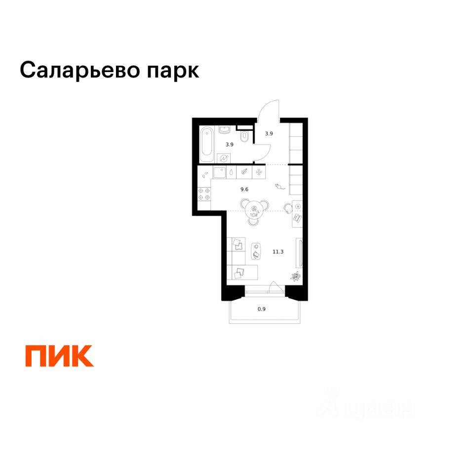 Планировка 1 комнатной квартиры, 29.6 м², в «Саларьево парк»
