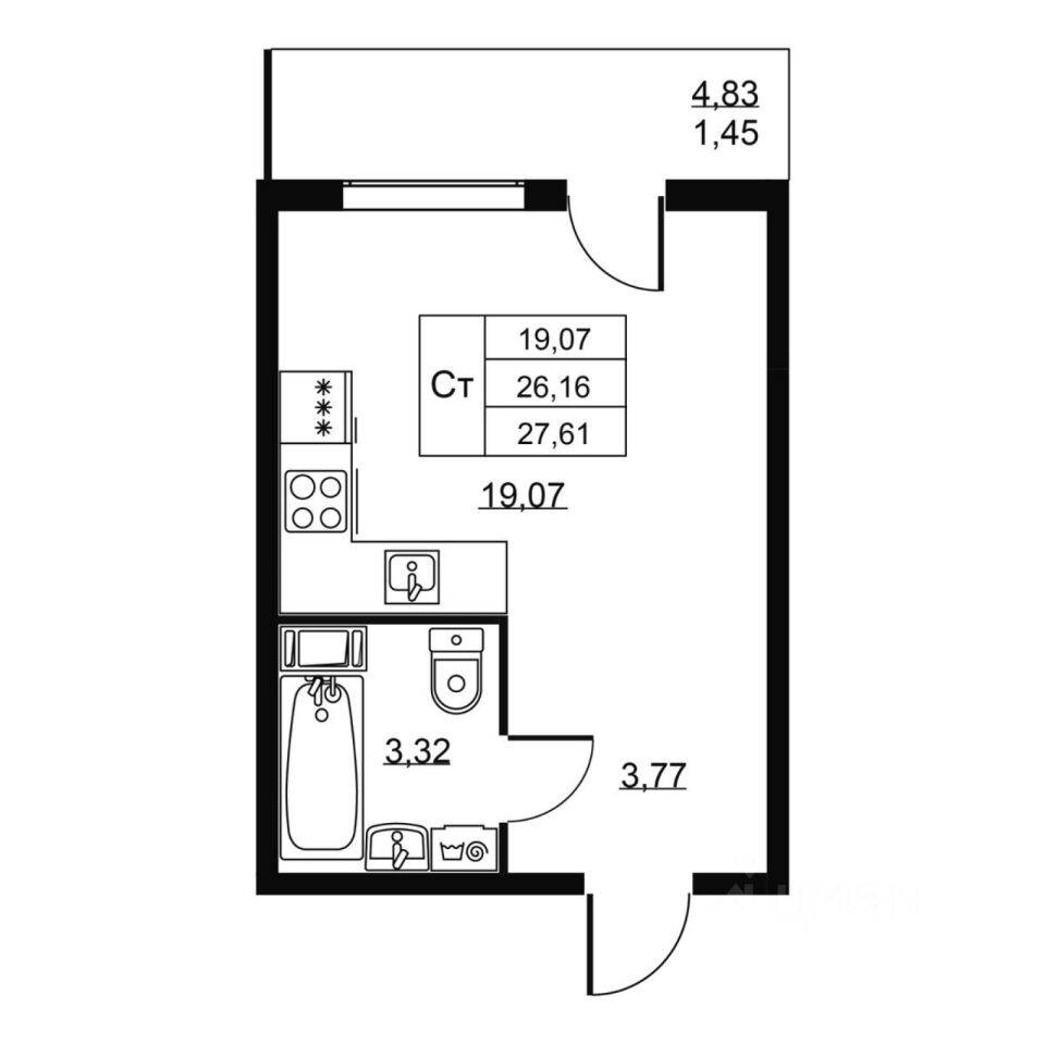Квартира-студия, 27,61 м², в ЖК Перспектива