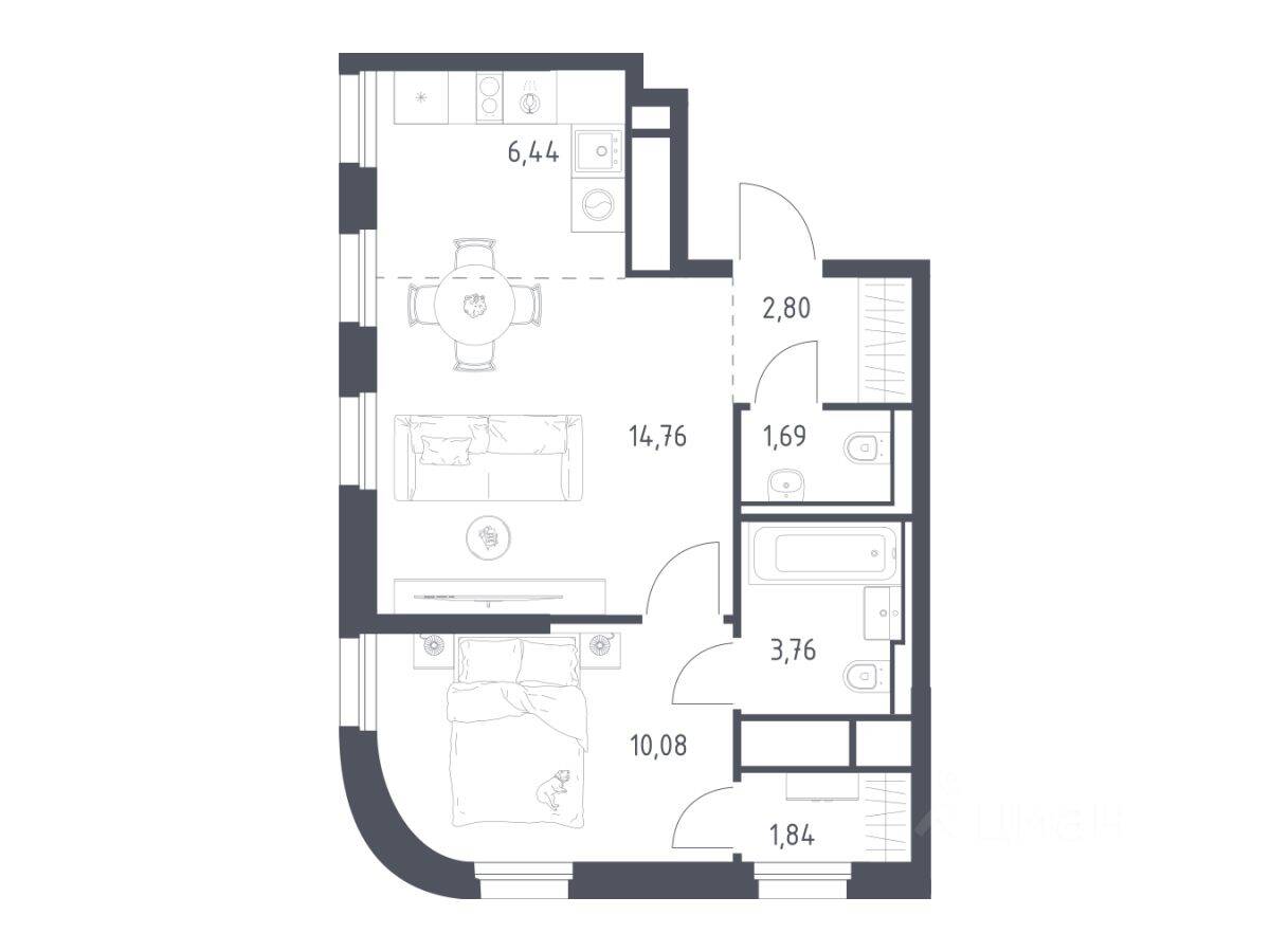 1-комн. квартира, 41,37 м², в ЖК Квартал на воде