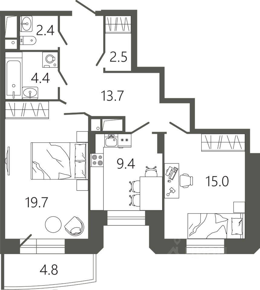 2-комн. квартира, 68,5 м², в ЖК «Советская 18»