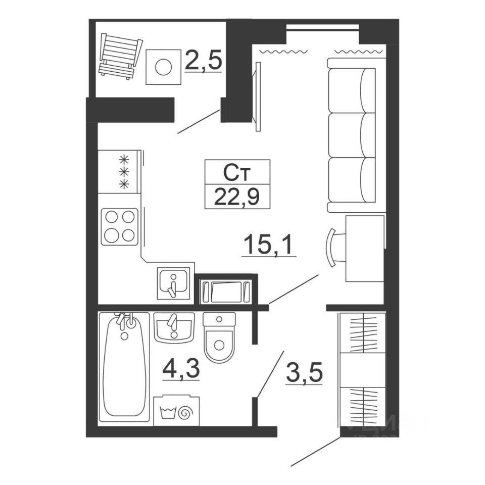 Квартира-студия, 22,9 м², в ЖК Рубеж