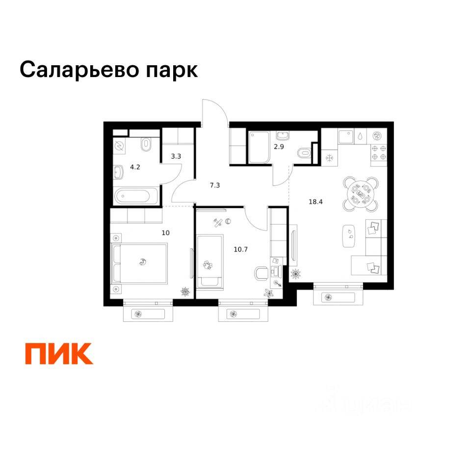 2-комн. квартира, 56,8 м², в ЖК «Саларьево парк»