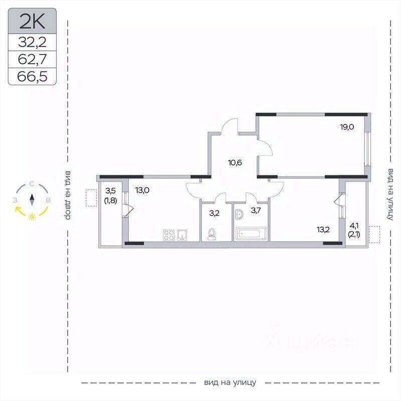 2-комн. квартира, 66,5 м², в ЖК «Пироговская Ривьера»