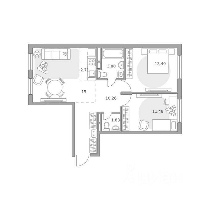 3-комн. квартира, 57,61 м², в ЖК Аникеевский