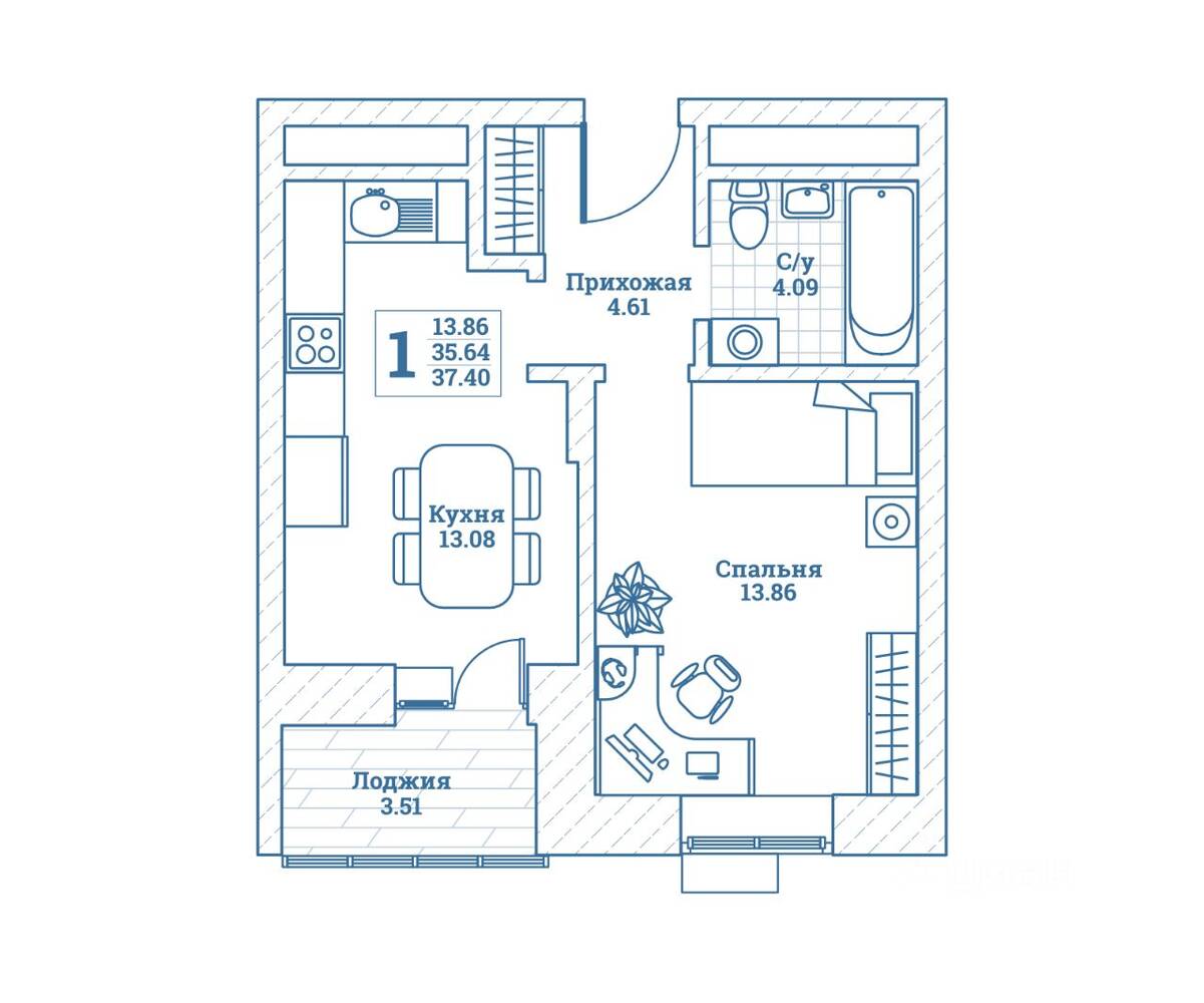 1-комн. квартира, 37,5 м², в ЖК Новоград Монино