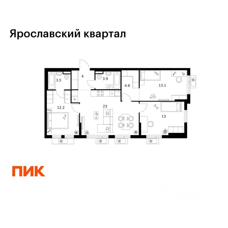 3-комн. квартира, 77,5 м², в ЖК Ярославский квартал