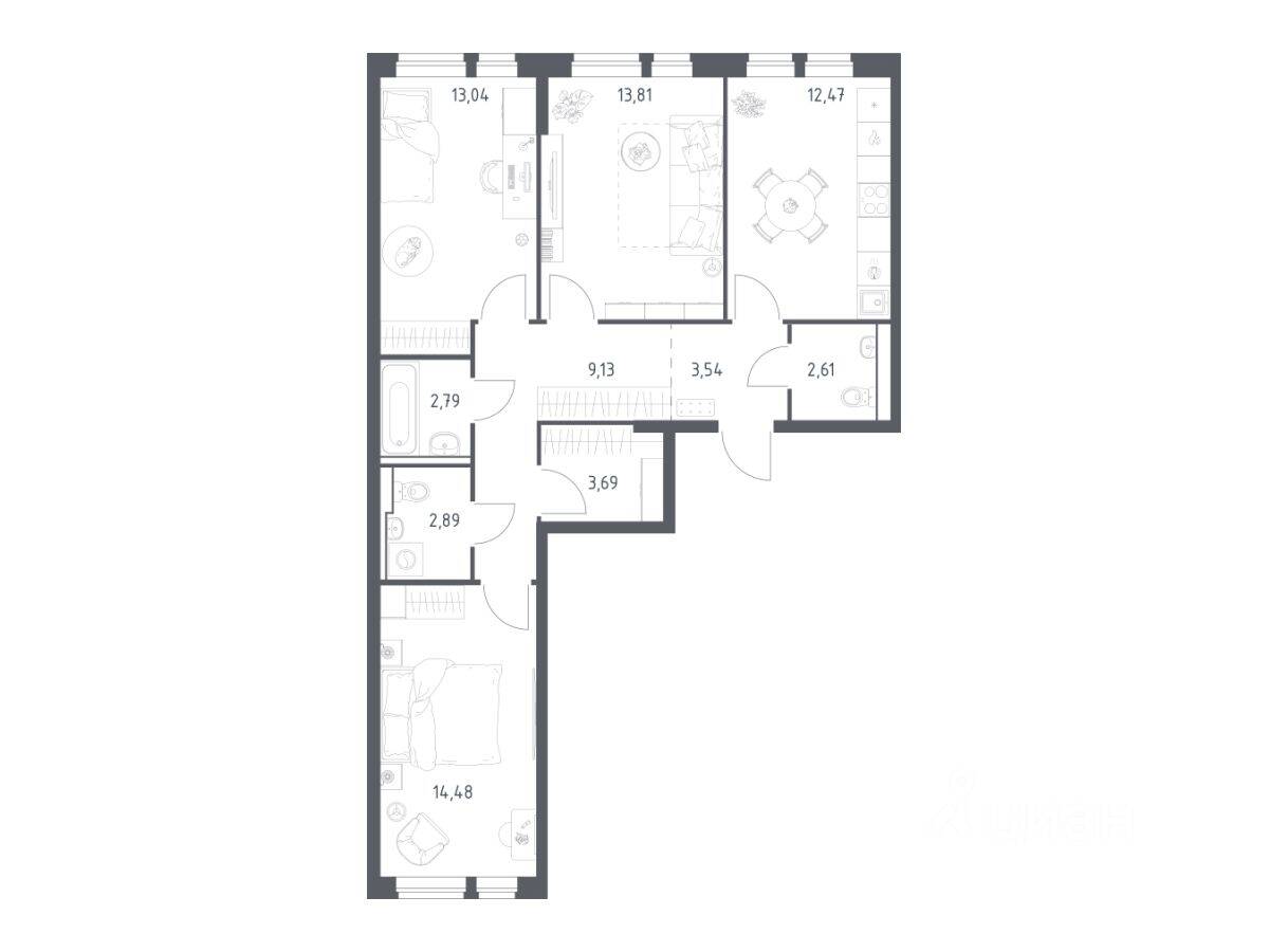 3-комн. квартира, 78,45 м², в ЖК Квартал Авиаторов