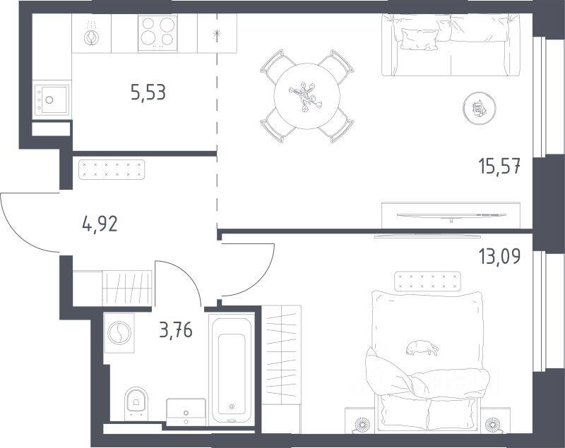 1-комн. квартира, 42,87 м², в ЖК Заречье Парк