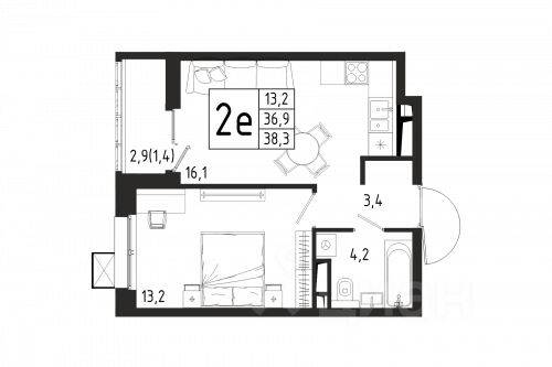 1-комн. квартира, 38,3 м², в ЖК «Берег»