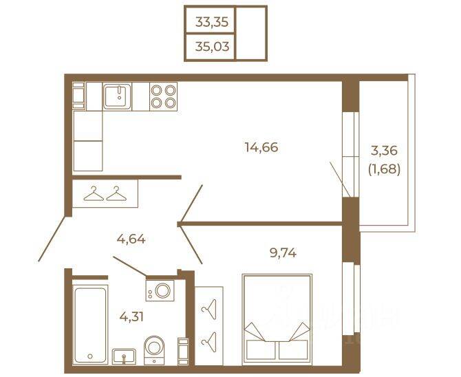 Планировка 1 комнатной квартиры, 35.03 м², в «Новая история»