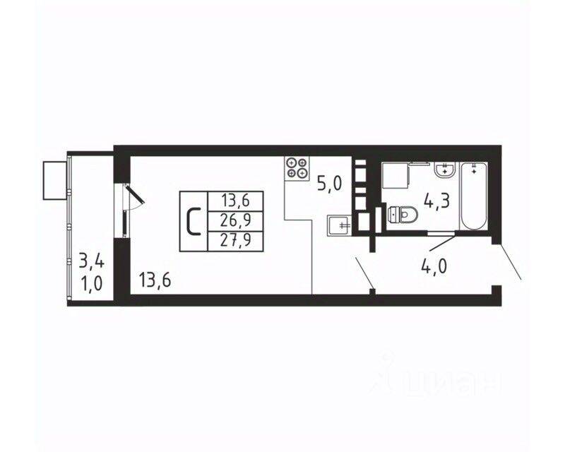 Квартира-студия, 27,9 м², в ЖК «Пироговская Ривьера»