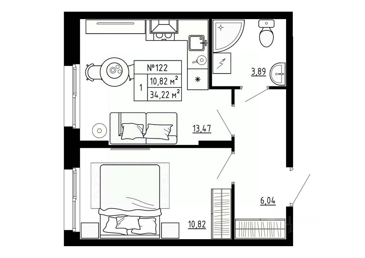 1-комн. квартира, 34,22 м², в Малоэтажный ЖК Аннино Сити