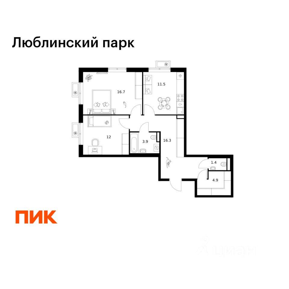 2-комн. квартира, 66,7 м², в ЖК «Люблинский парк»