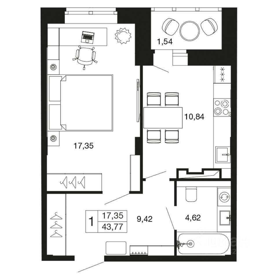 1-комн. квартира, 43,7 м², в ЖК «Времена года»