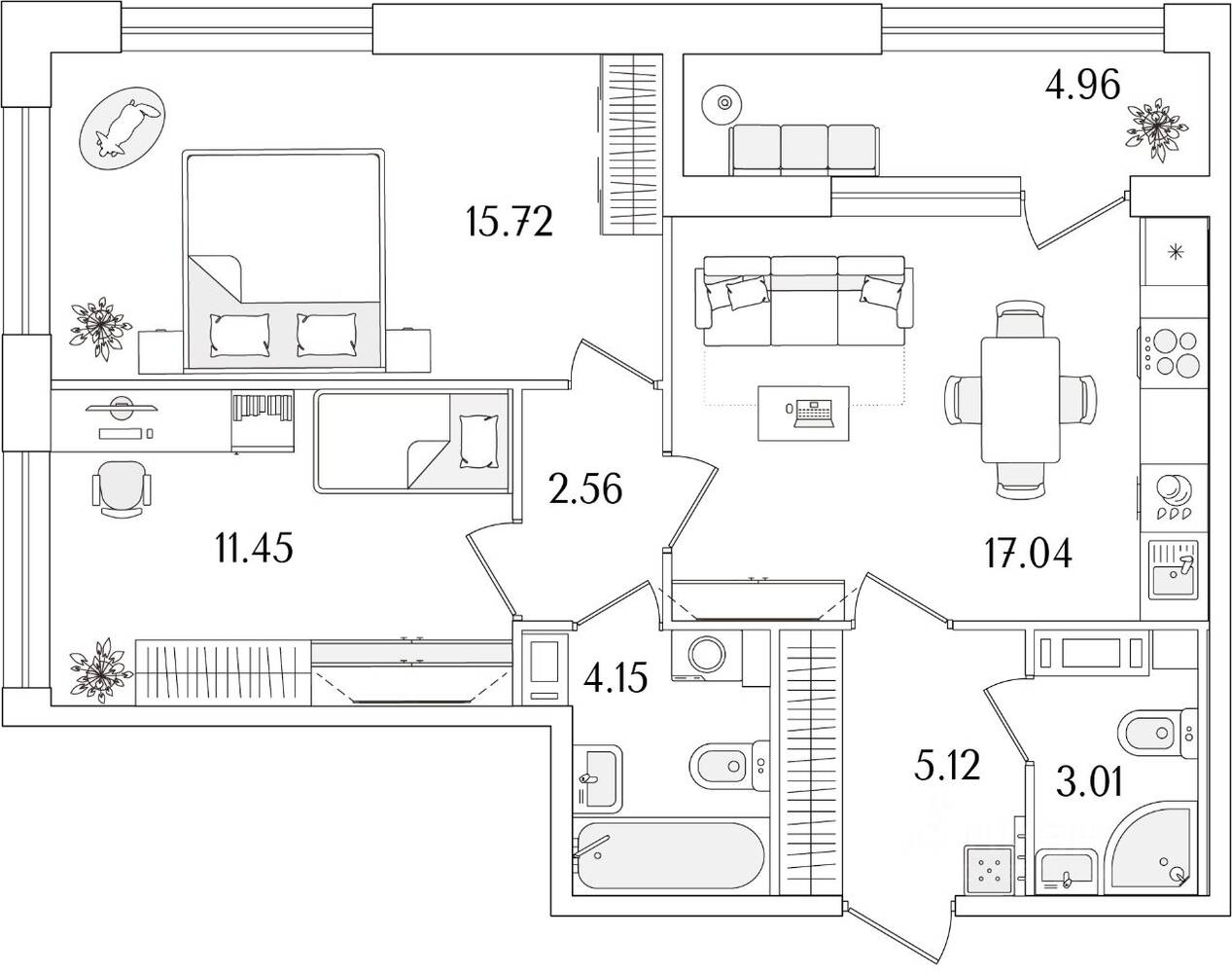 2-комн. квартира, 61,53 м², в ЖК «Аурум»