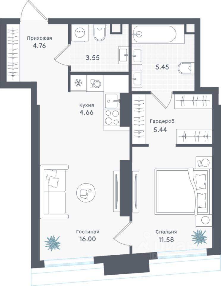 1-комн. квартира, 51,44 м², в ЖК «Солос»