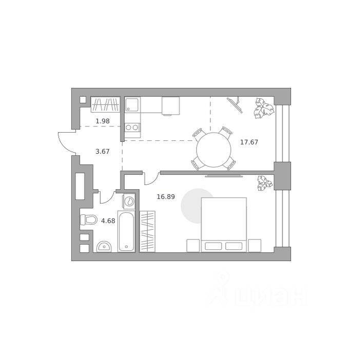 Планировка 1 комнатной квартиры, 44.89 м², в «Павелецкая от Гранель»