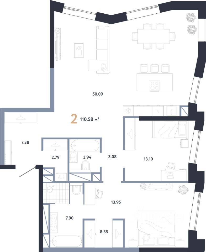 2-комн. квартира, 110,58 м², в ЖК Republic