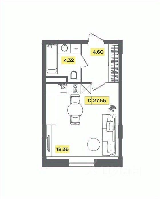 Планировка 1 комнатной квартиры, 27.55 м², в «Радость»