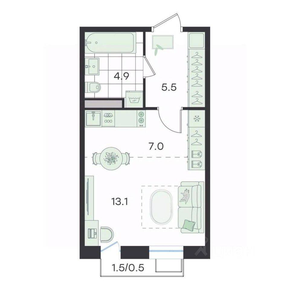 Квартира-студия, 31,6 м², в ЖК G3 Театральный