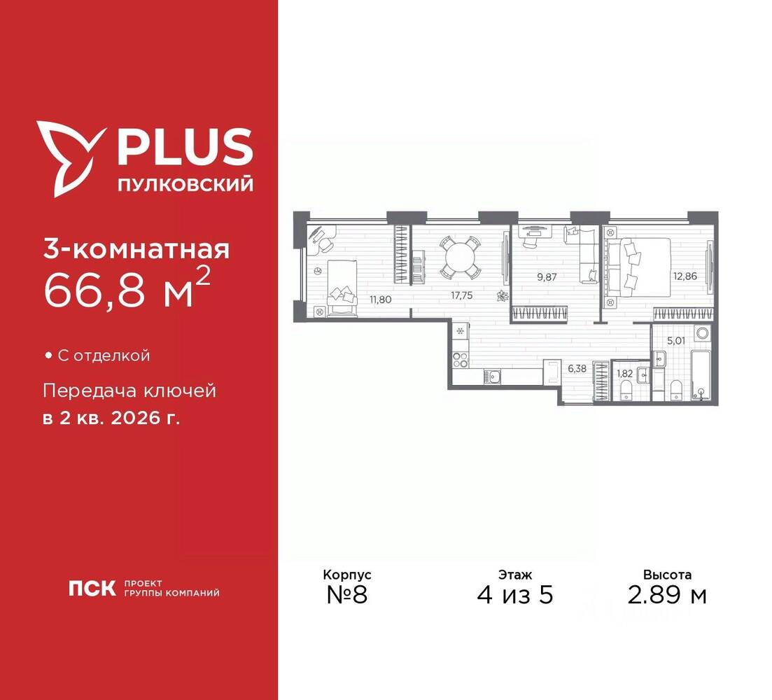 3-комн. квартира, 66,8 м², в ЖК Plus Пулковский