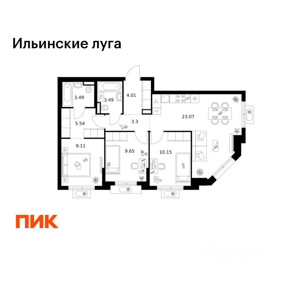 3-комн. квартира, 71,81 м², в ЖК «Ильинские луга»