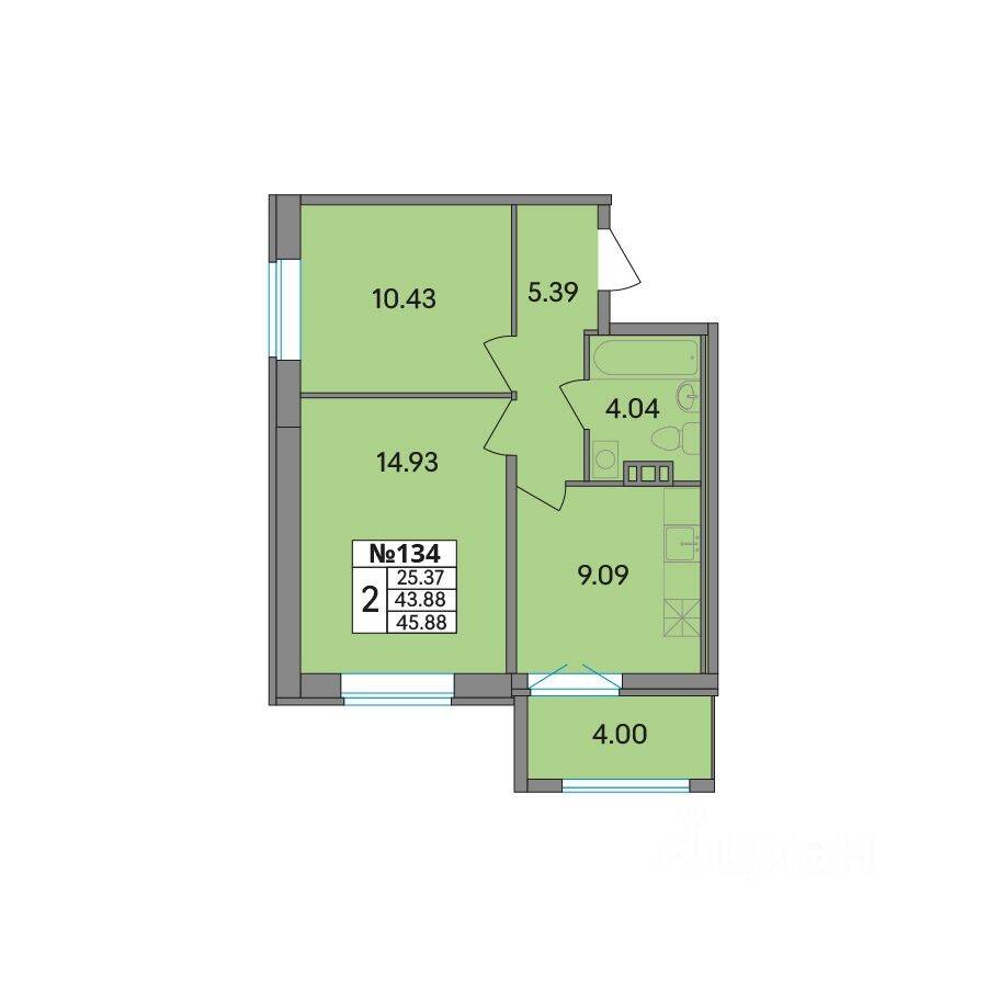 2-комн. квартира, 45,88 м², в ЖК Рождественский квартал
