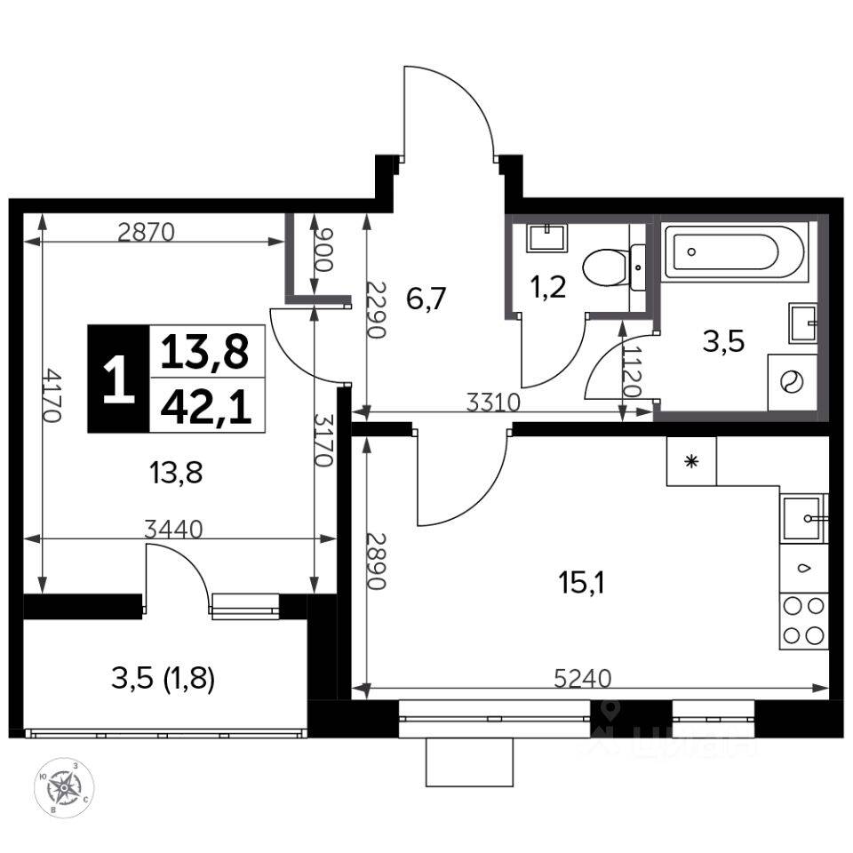 1-комн. квартира, 43,4 м², в ЖК «Южная Битца»