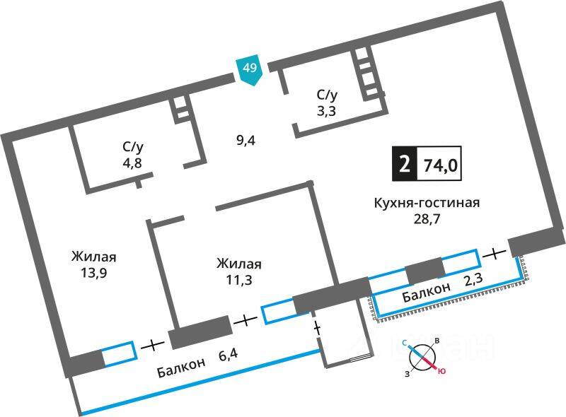 2-комн. квартира, 74 м², в ЖК Отрада на реке
