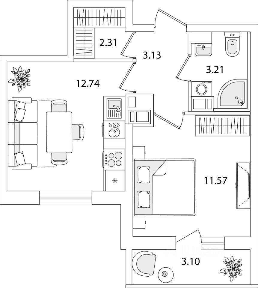 1-комн. квартира, 34,51 м², в ЖК Кинопарк