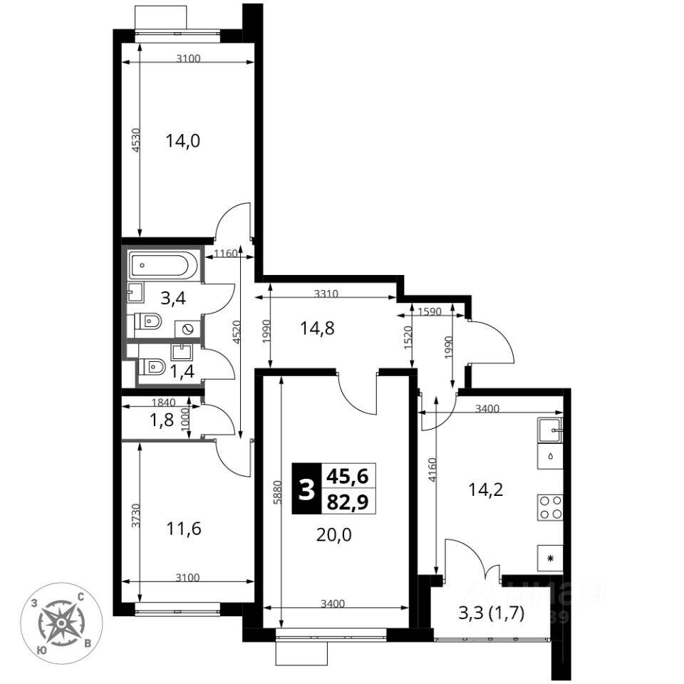 3-комн. квартира, 83 м², в ЖК «Южная Битца»
