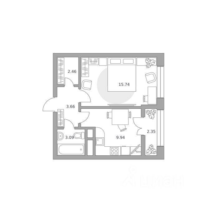 1-комн. квартира, 37,24 м², в ЖК Пехра