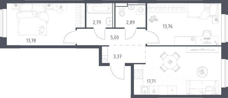 2-комн. квартира, 59,3 м², в ЖК Егорово Парк