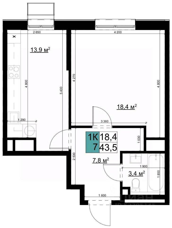 Планировка 1 комнатной квартиры, 43.6 м², в «Одинцово сити»