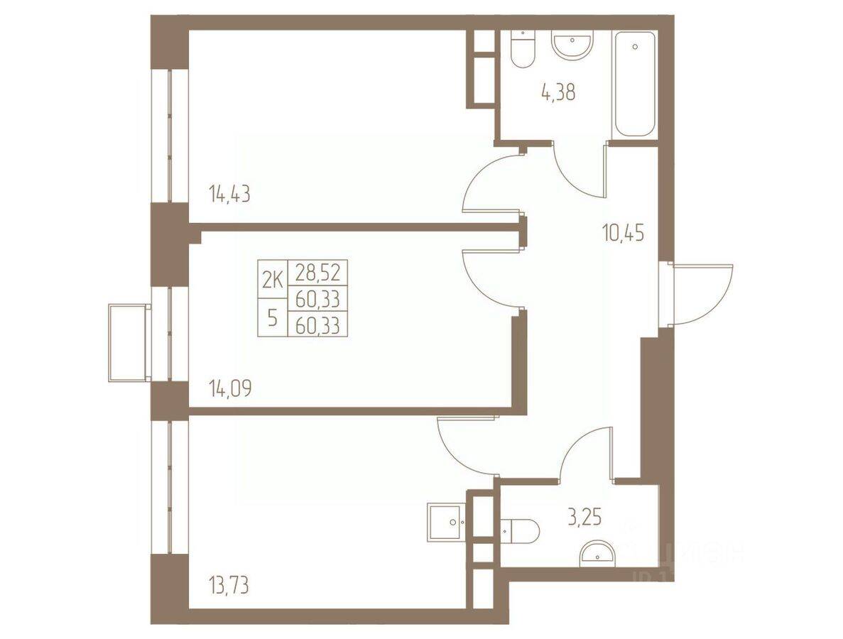 2-комн. квартира, 60,33 м², в ЖК Фабрикант